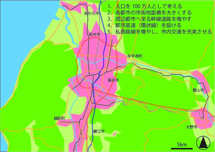 人口が100万人に増えた福井市周辺の空想広域地図